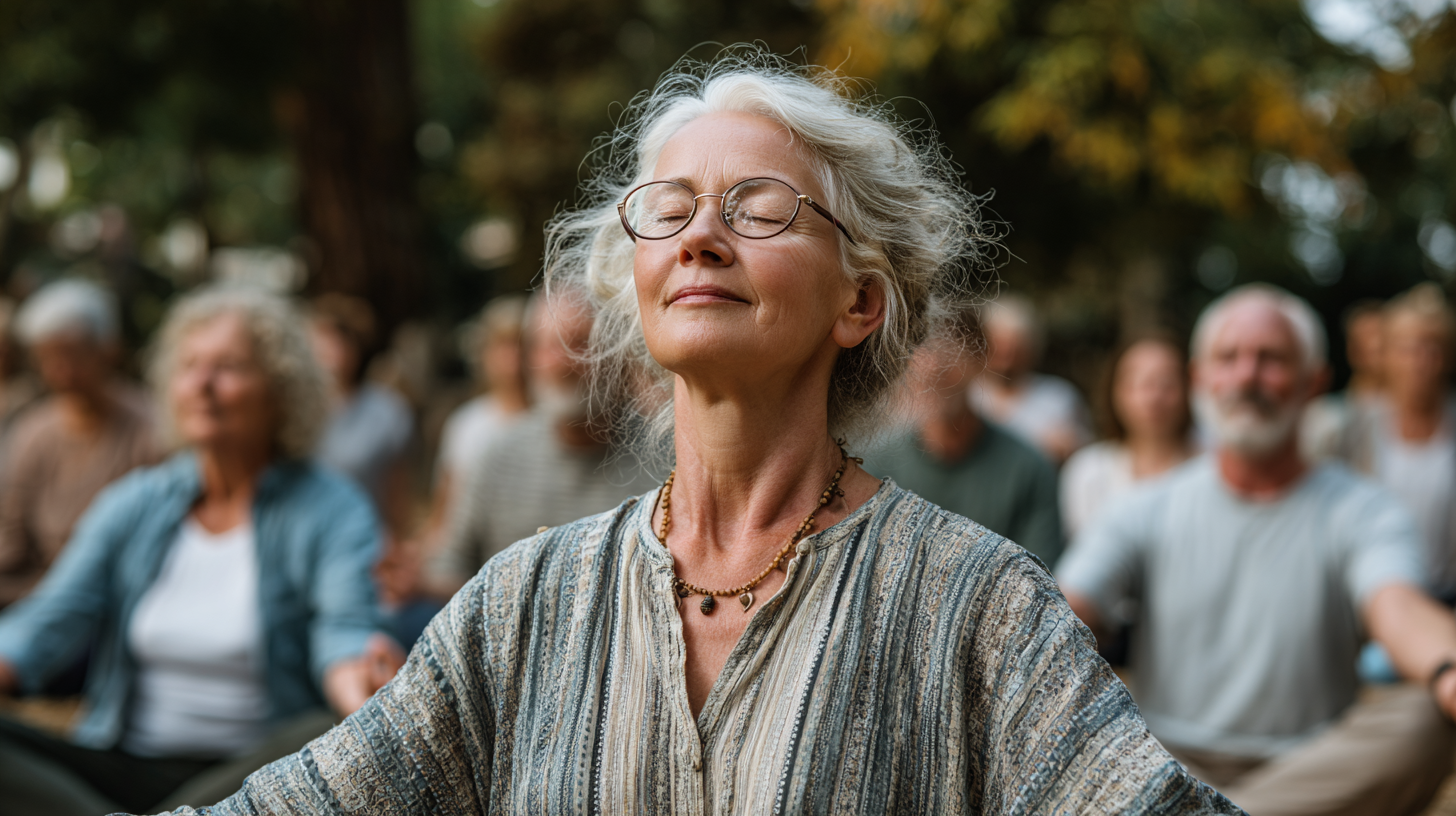 Seniori practicând yoga cu tehnologie avansată